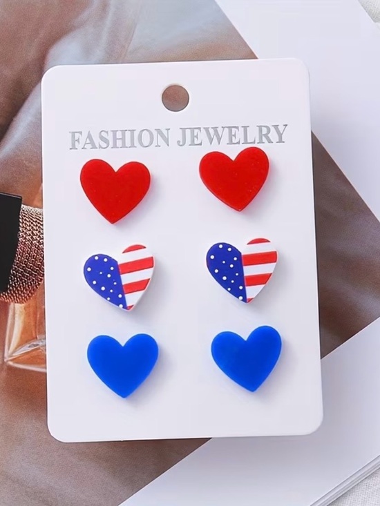 Jewelry - Patriotic Heart Stud Earring Set - Red, Blue, American Flag